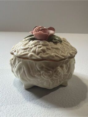 Porcelain Floral Trinket Box with Pink Rose Accent